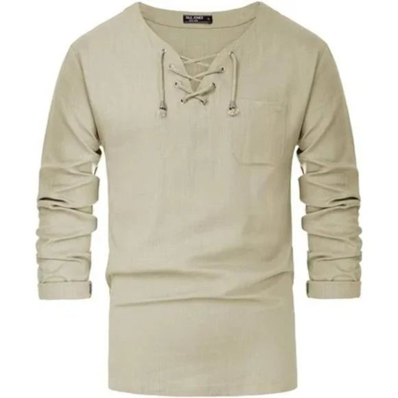 New Men's Long Sleeve Linen Tee, Kaki - Picture 2 of 8